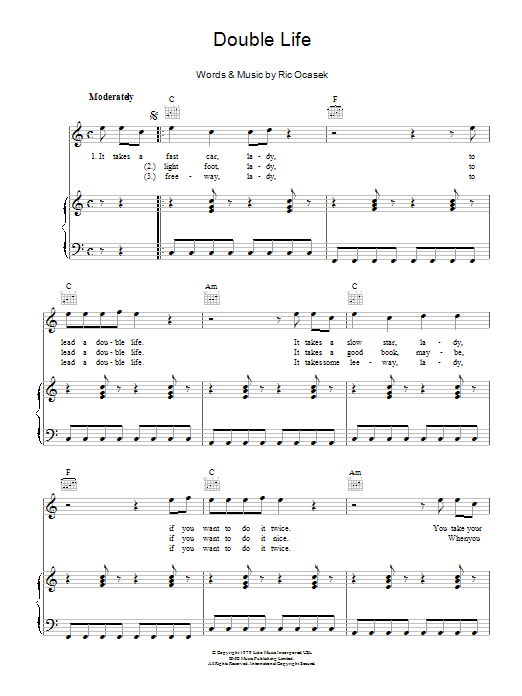 The Cars Double Life sheet music notes and chords arranged for Piano, Vocal & Guitar Chords