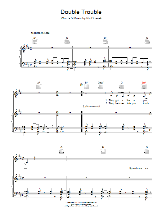 The Cars Double Trouble sheet music notes and chords arranged for Piano, Vocal & Guitar Chords