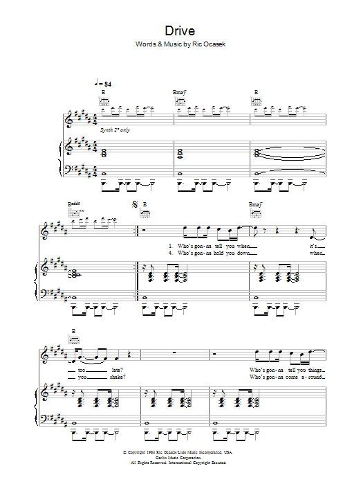 The Cars Drive sheet music notes and chords arranged for Guitar Chords/Lyrics