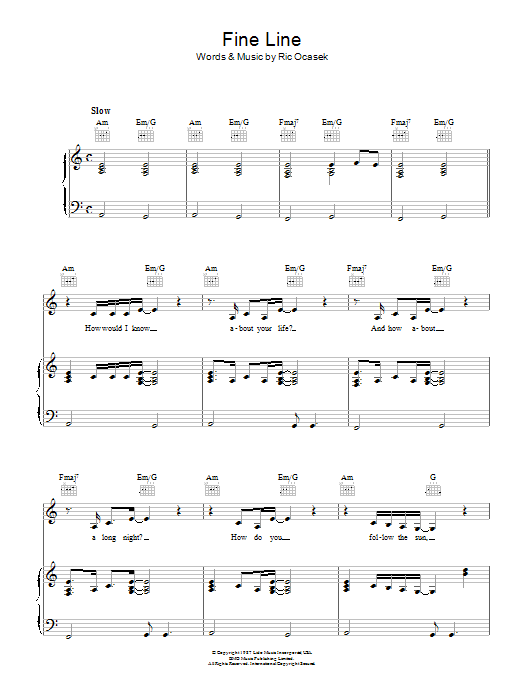 The Cars Fine Line sheet music notes and chords arranged for Piano, Vocal & Guitar Chords