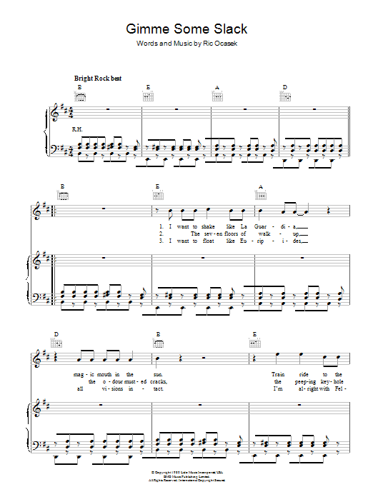 The Cars Gimme Some Slack sheet music notes and chords arranged for Piano, Vocal & Guitar Chords