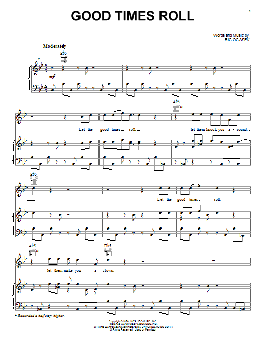 The Cars Good Times Roll sheet music notes and chords arranged for Piano, Vocal & Guitar Chords (Right-Hand Melody)