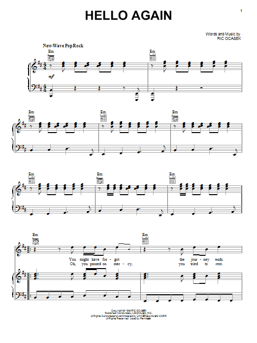 The Cars Hello Again sheet music notes and chords arranged for Piano, Vocal & Guitar Chords (Right-Hand Melody)