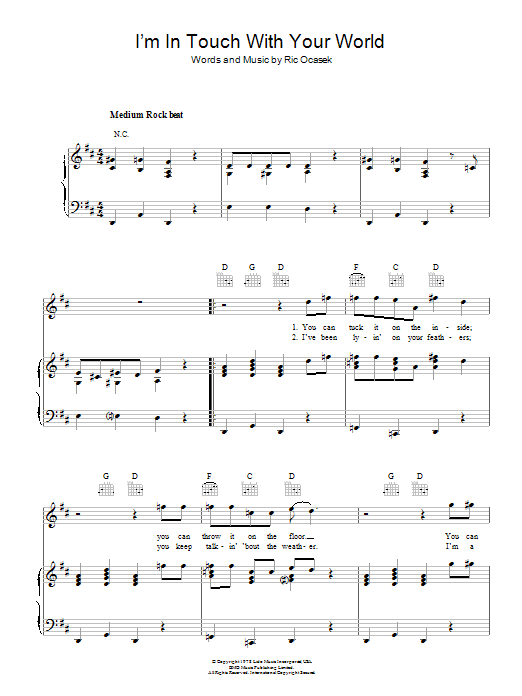 The Cars I'm In Touch With Your World sheet music notes and chords arranged for Piano, Vocal & Guitar Chords