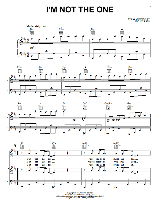 The Cars I'm Not The One sheet music notes and chords arranged for Piano, Vocal & Guitar Chords (Right-Hand Melody)