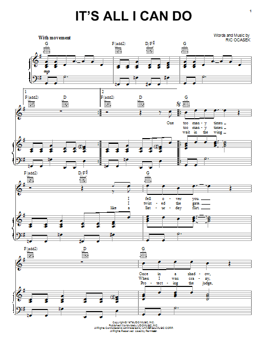 The Cars It's All I Can Do sheet music notes and chords arranged for Piano, Vocal & Guitar Chords (Right-Hand Melody)