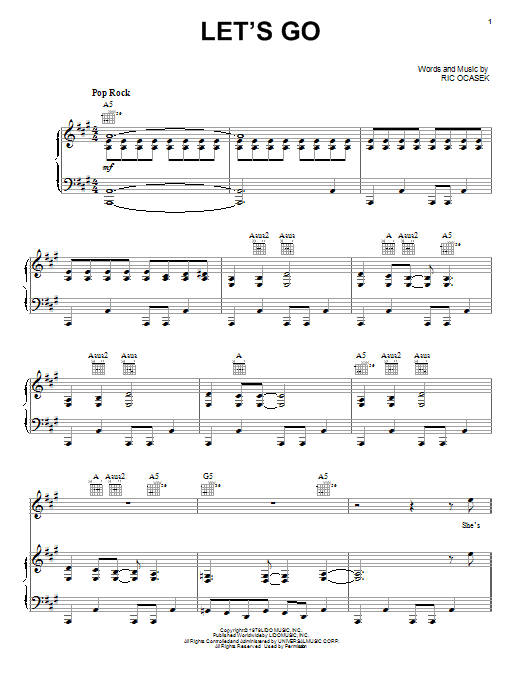 The Cars Let's Go sheet music notes and chords arranged for Piano, Vocal & Guitar Chords
