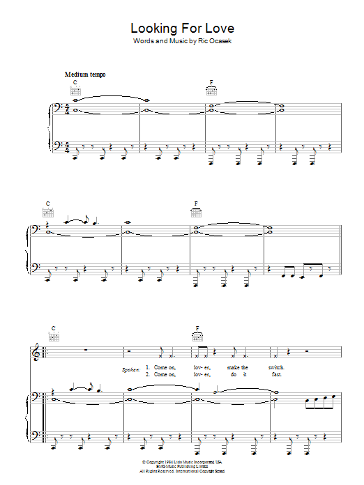 The Cars Looking For Love sheet music notes and chords arranged for Piano, Vocal & Guitar Chords