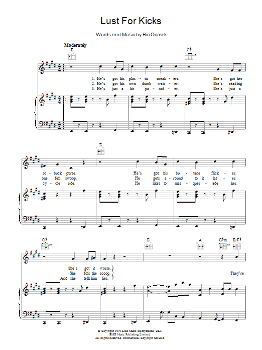The Cars Lust For Kicks sheet music notes and chords arranged for Piano, Vocal & Guitar Chords