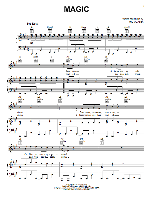 The Cars Magic sheet music notes and chords arranged for Piano, Vocal & Guitar Chords (Right-Hand Melody)