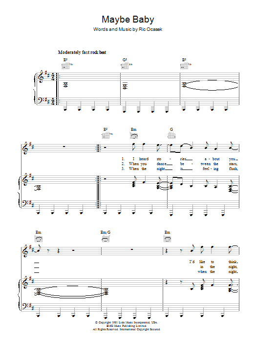 The Cars Maybe Baby sheet music notes and chords arranged for Piano, Vocal & Guitar Chords