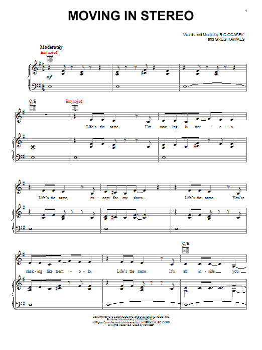 The Cars Moving In Stereo sheet music notes and chords arranged for Guitar Tab