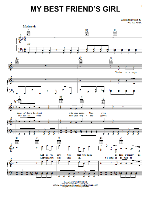 The Cars My Best Friend's Girl sheet music notes and chords arranged for Piano, Vocal & Guitar Chords (Right-Hand Melody)