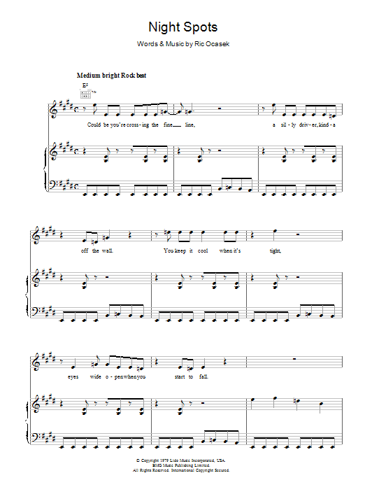 The Cars Night Spots sheet music notes and chords arranged for Piano, Vocal & Guitar Chords