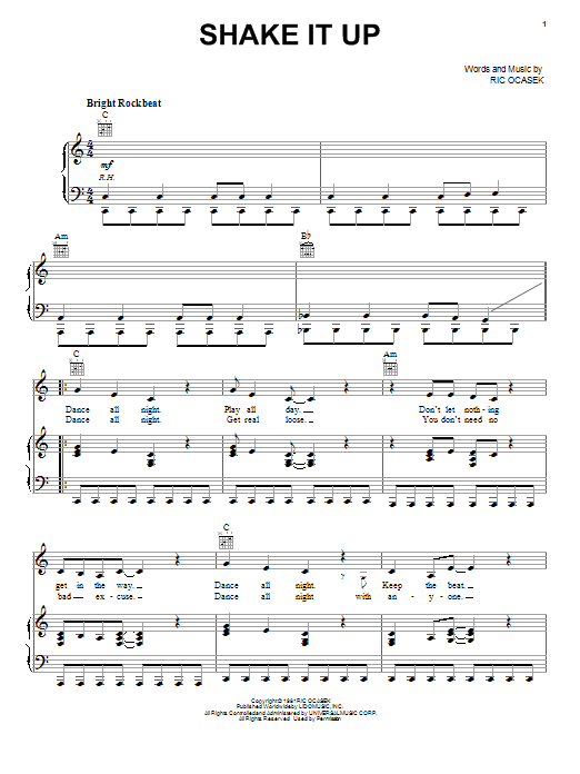 The Cars Shake It Up sheet music notes and chords arranged for Piano, Vocal & Guitar Chords (Right-Hand Melody)