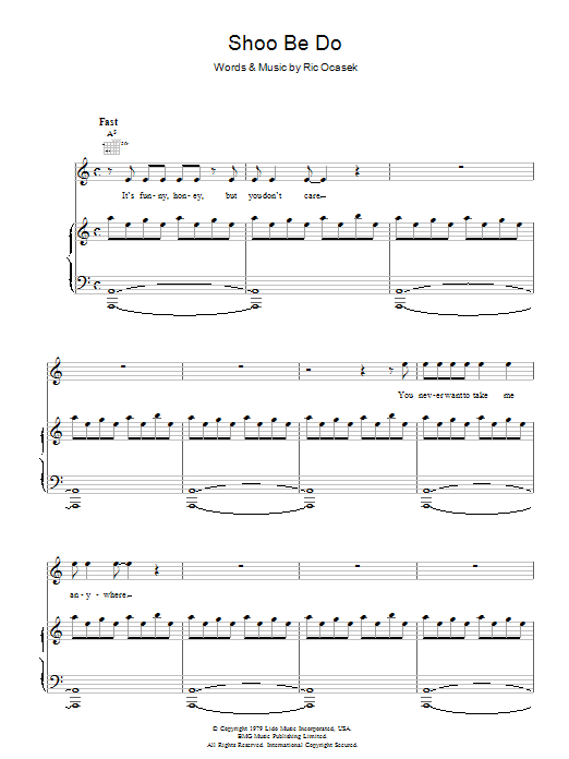 The Cars Shoo Be Do sheet music notes and chords arranged for Piano, Vocal & Guitar Chords