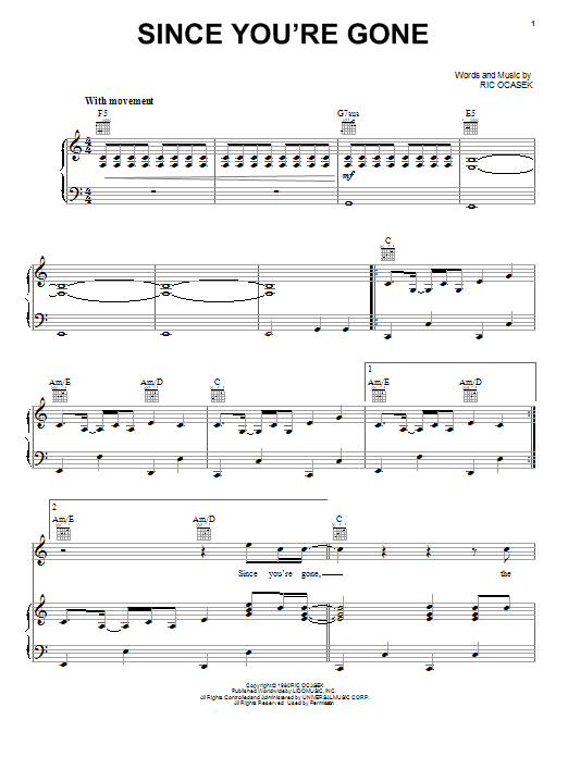 The Cars Since You're Gone sheet music notes and chords arranged for Piano, Vocal & Guitar Chords