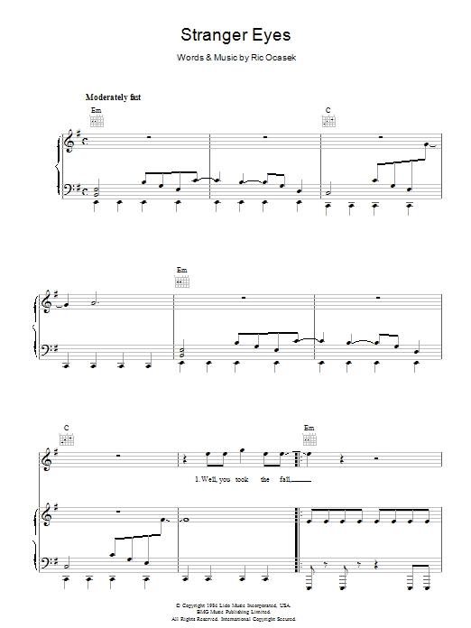 The Cars Stranger Eyes sheet music notes and chords arranged for Piano, Vocal & Guitar Chords
