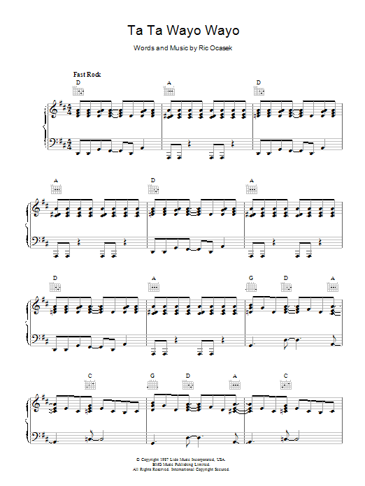 The Cars Ta Ta Wayo Wayo sheet music notes and chords arranged for Piano, Vocal & Guitar Chords