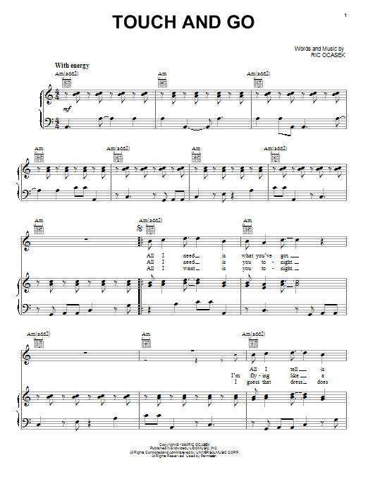 The Cars Touch And Go sheet music notes and chords arranged for Piano, Vocal & Guitar Chords