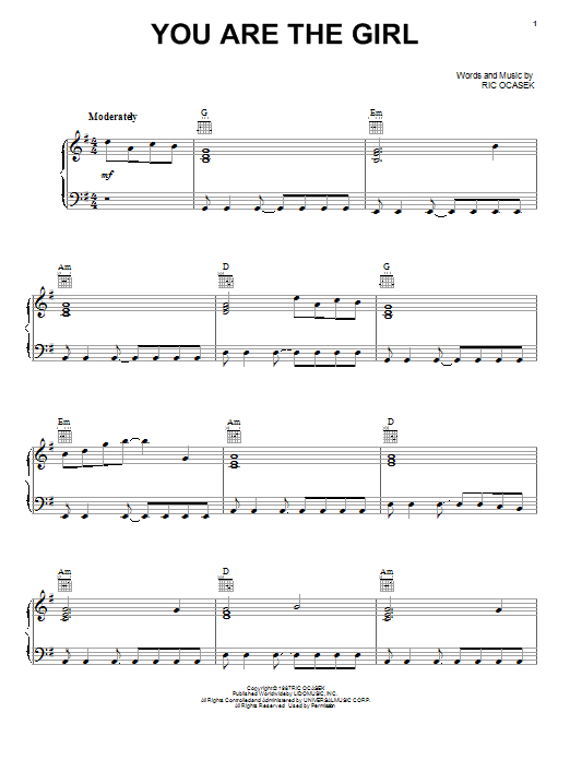 The Cars You Are The Girl sheet music notes and chords arranged for Guitar Tab