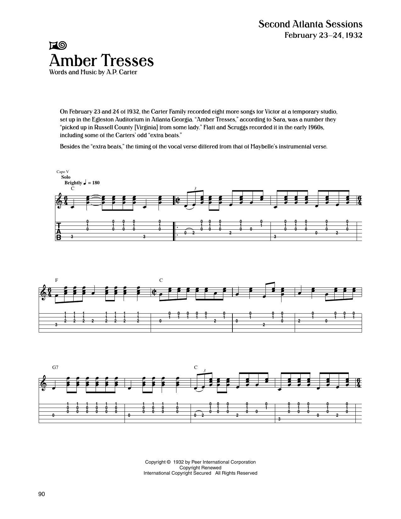 The Carter Family Amber Tresses sheet music notes and chords arranged for Guitar Tab