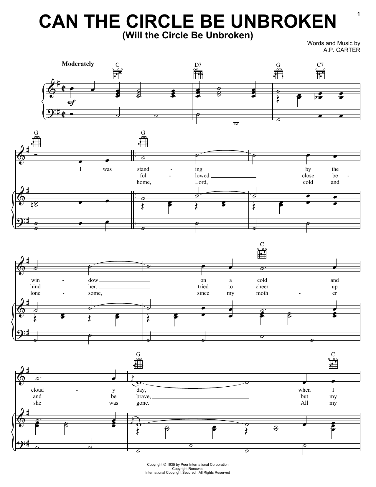 The Carter Family Can The Circle Be Unbroken (Will The Circle Be Unbroken) sheet music notes and chords arranged for Piano, Vocal & Guitar Chords (Right-Hand Melody)