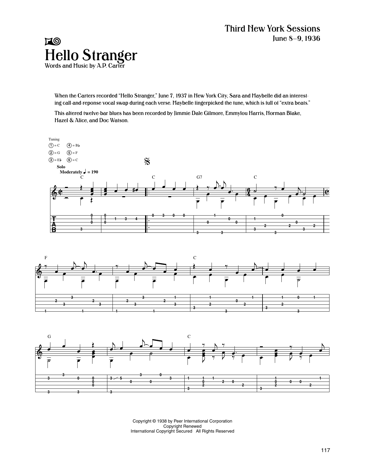 The Carter Family Hello Stranger sheet music notes and chords arranged for Guitar Tab