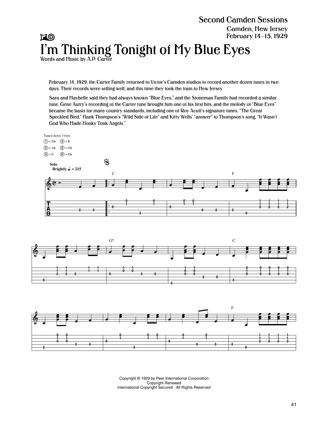 The Carter Family I'm Thinking Tonight Of My Blue Eyes sheet music notes and chords arranged for Guitar Tab