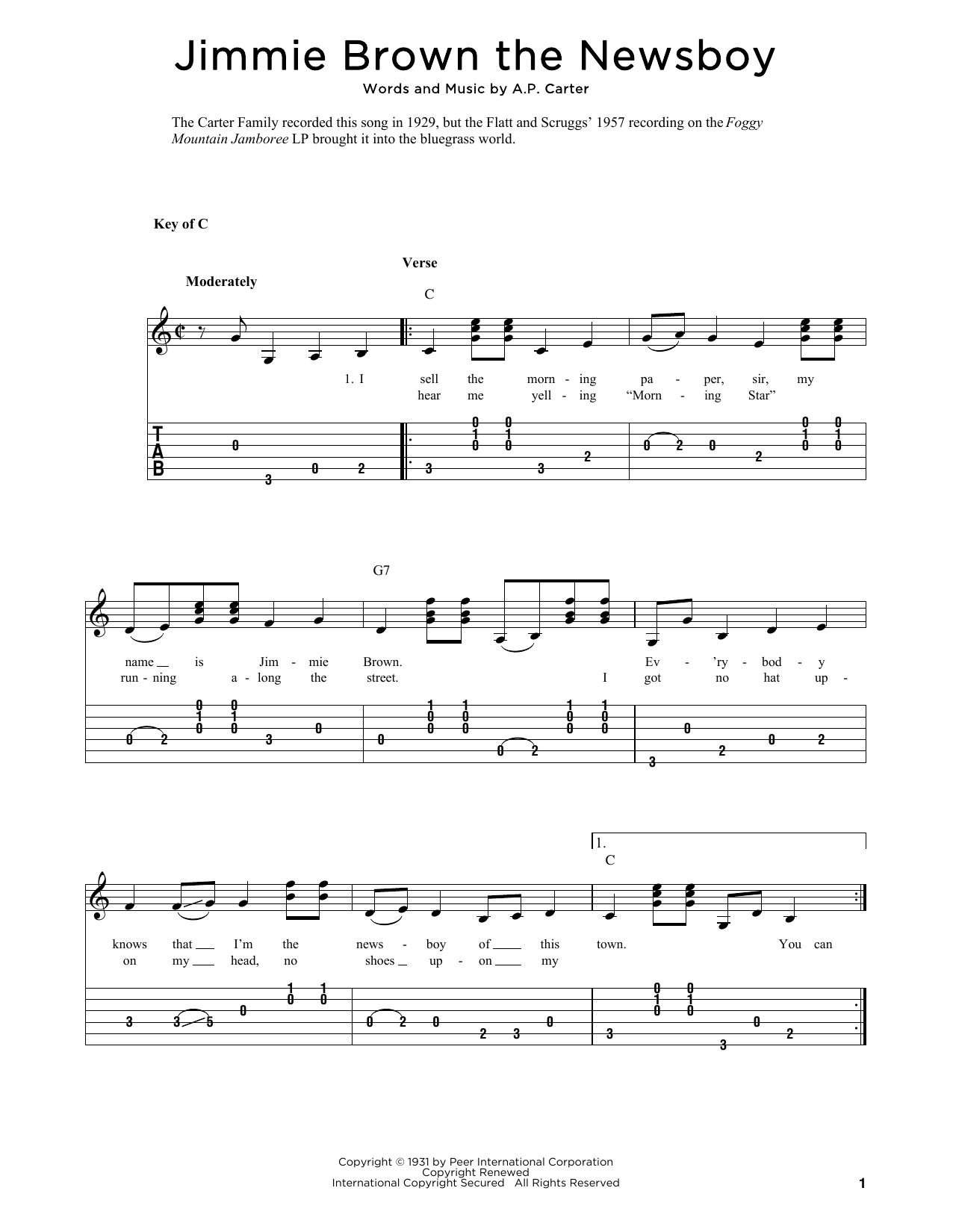 The Carter Family Jimmie Brown The Newsboy (arr. Fred Sokolow) sheet music notes and chords arranged for Solo Guitar