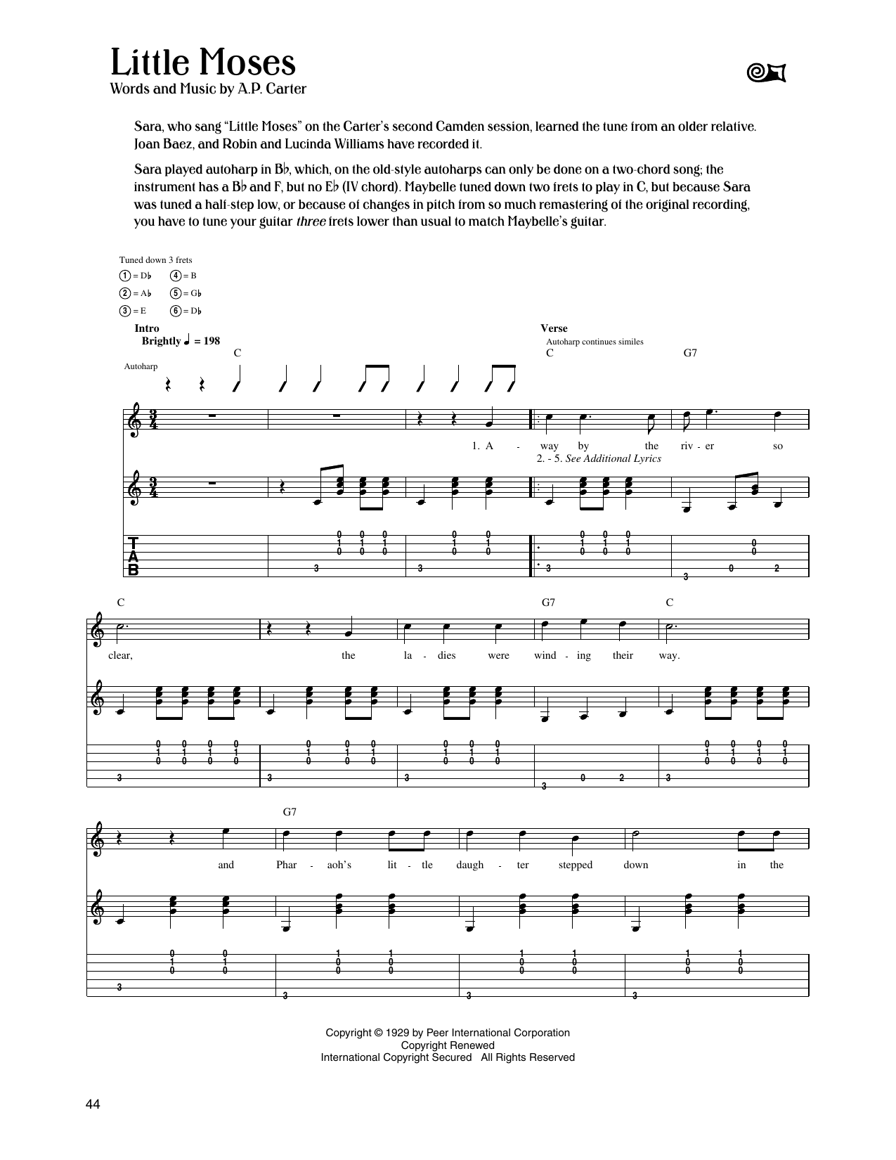 The Carter Family Little Moses sheet music notes and chords arranged for Guitar Tab