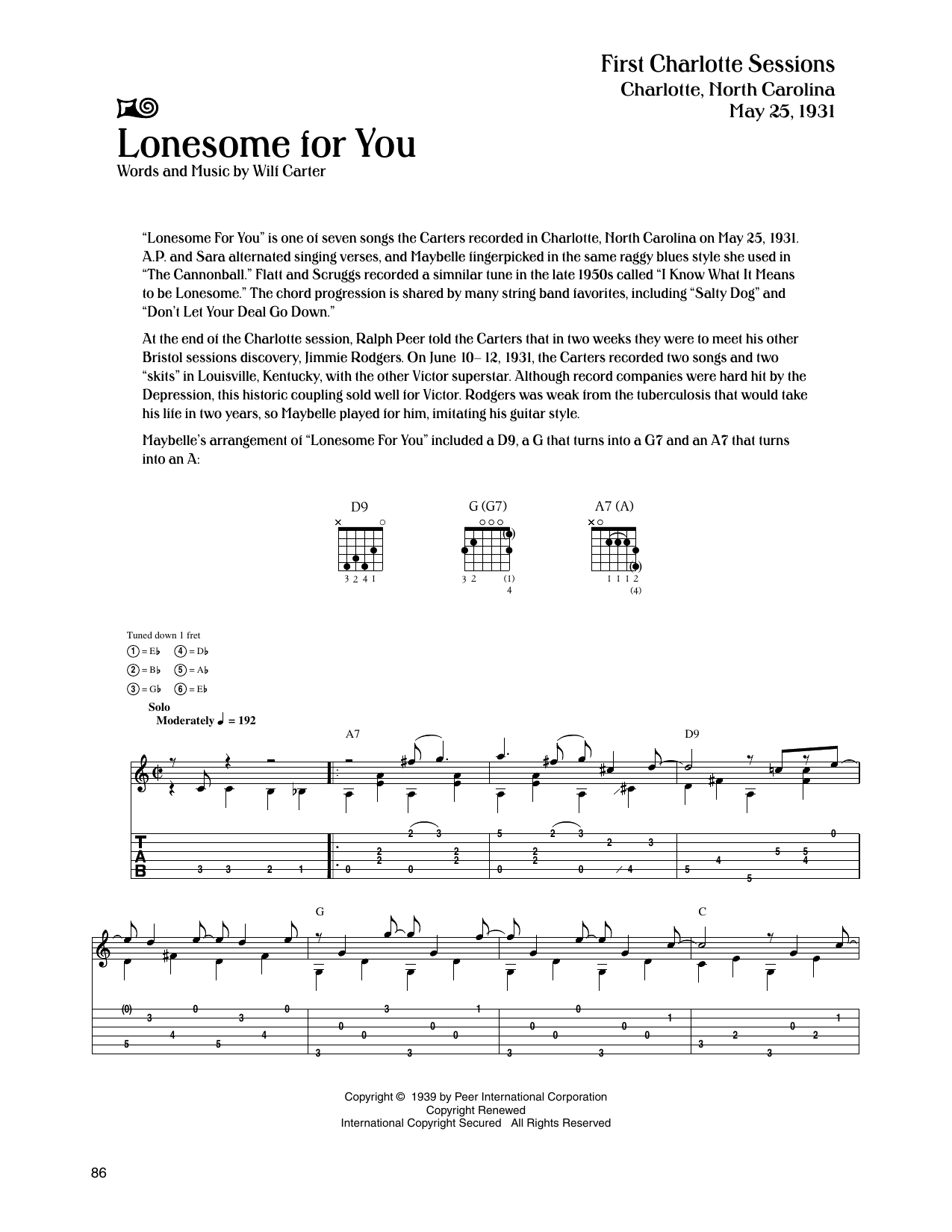 The Carter Family Lonesome For You sheet music notes and chords arranged for Guitar Tab