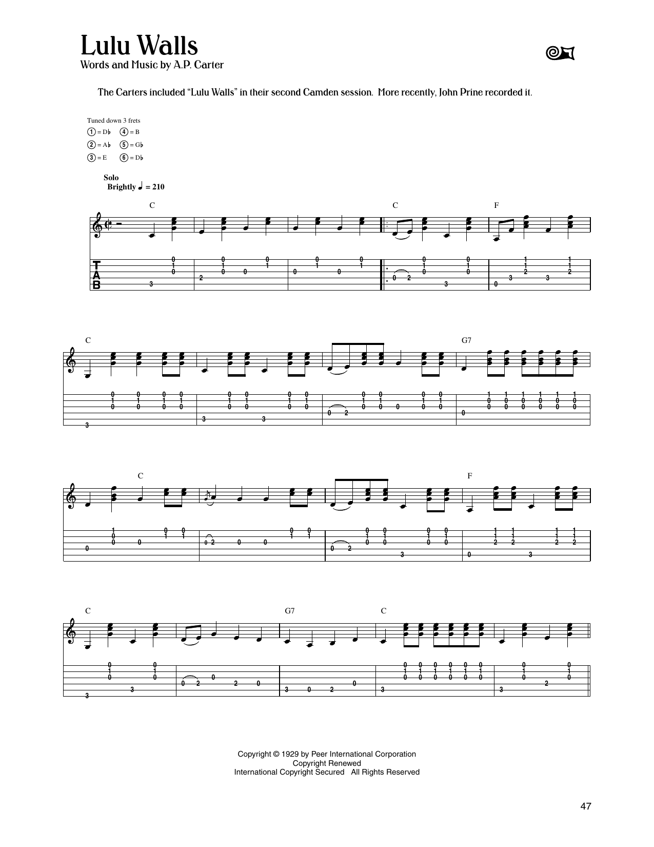 The Carter Family Lulu Walls sheet music notes and chords arranged for Guitar Tab