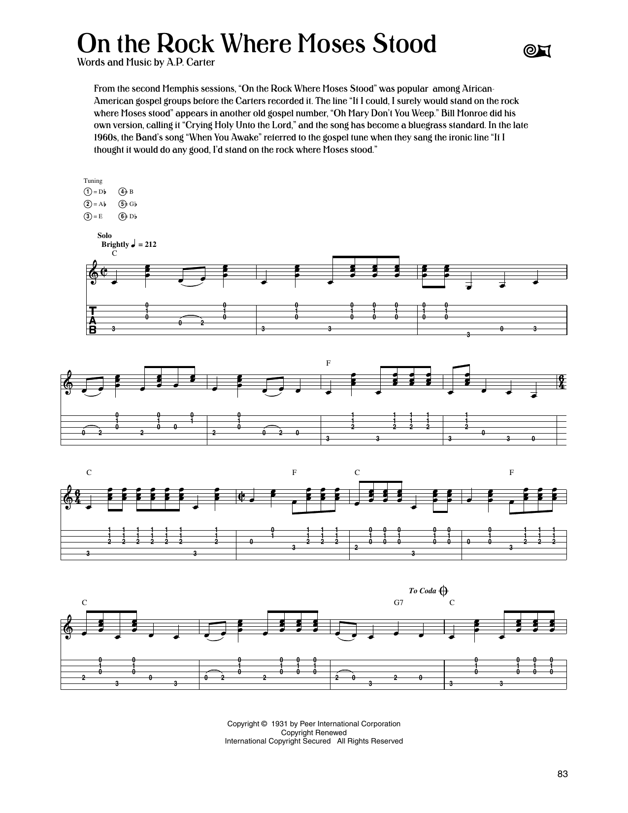 The Carter Family On The Rock Where Moses Stood sheet music notes and chords arranged for Guitar Tab