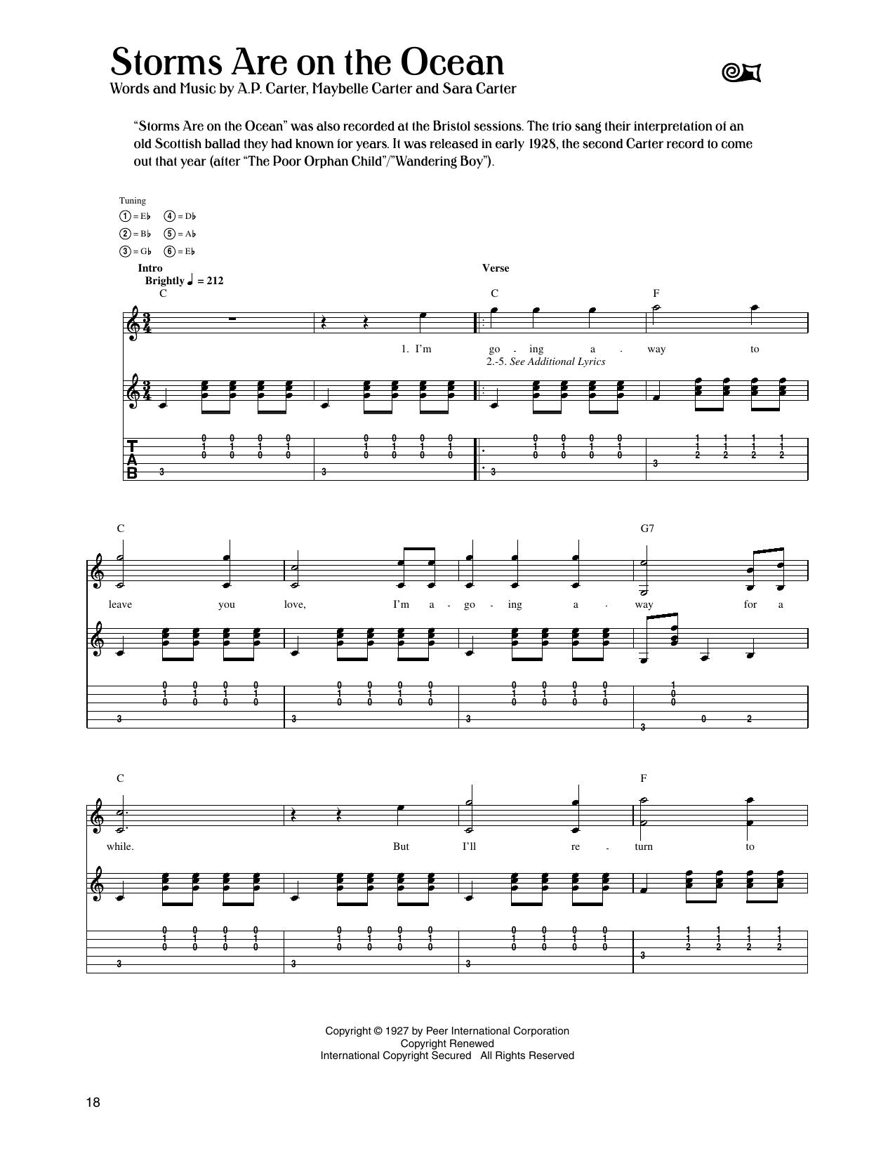 The Carter Family Storms Are On The Ocean sheet music notes and chords arranged for Guitar Tab