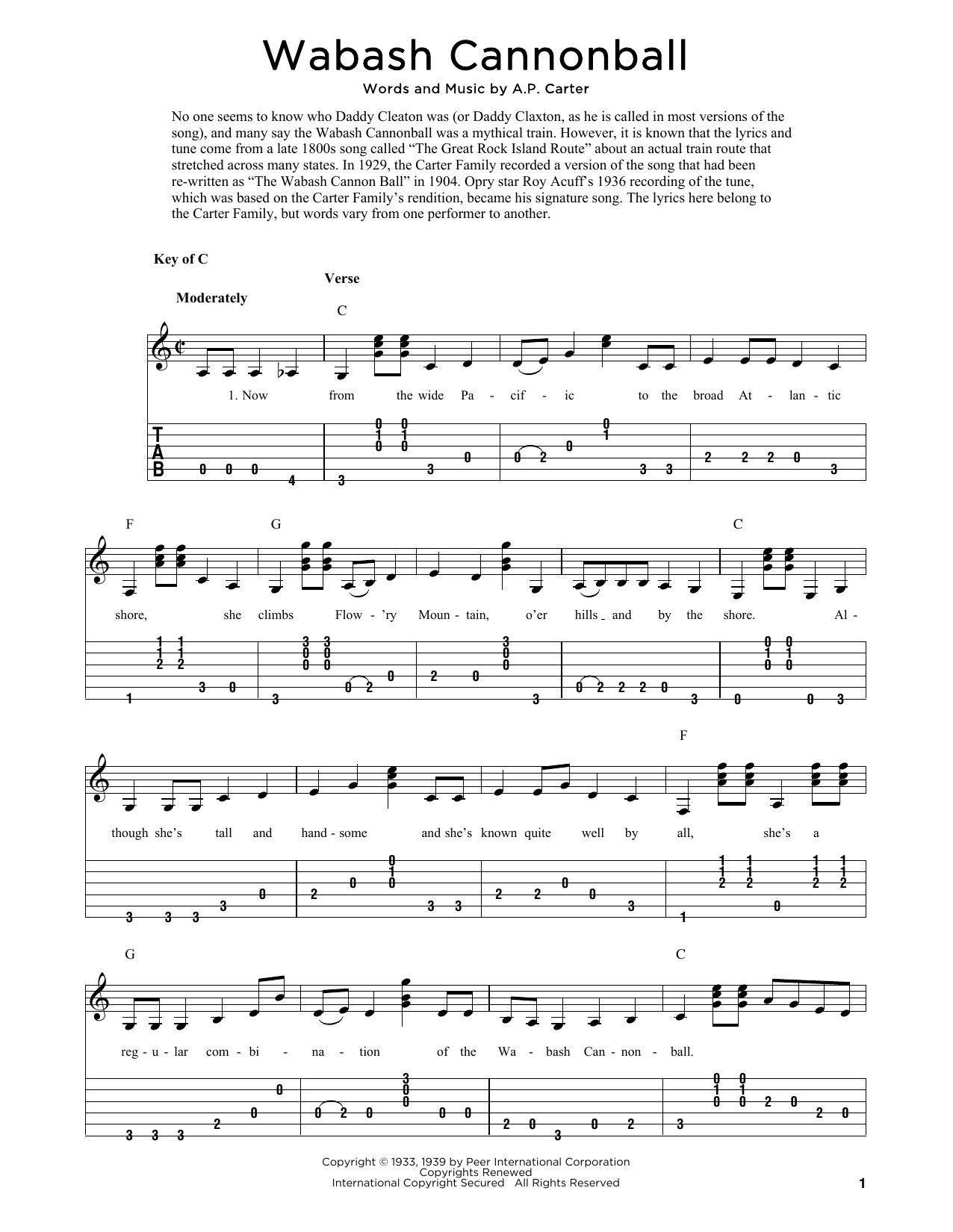 The Carter Family Wabash Cannonball (arr. Fred Sokolow) sheet music notes and chords arranged for Dobro