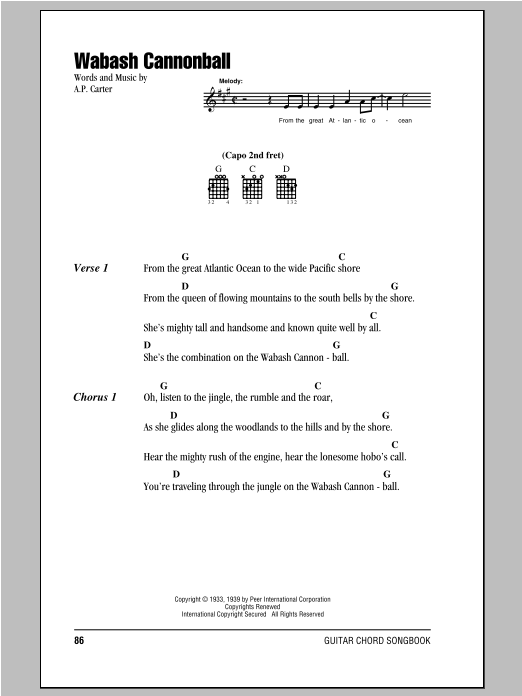 The Carter Family Wabash Cannonball sheet music notes and chords arranged for Easy Piano