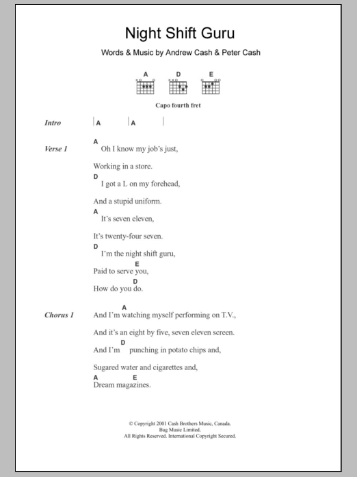 The Cash Brothers Night Shift Guru sheet music notes and chords arranged for Guitar Chords/Lyrics
