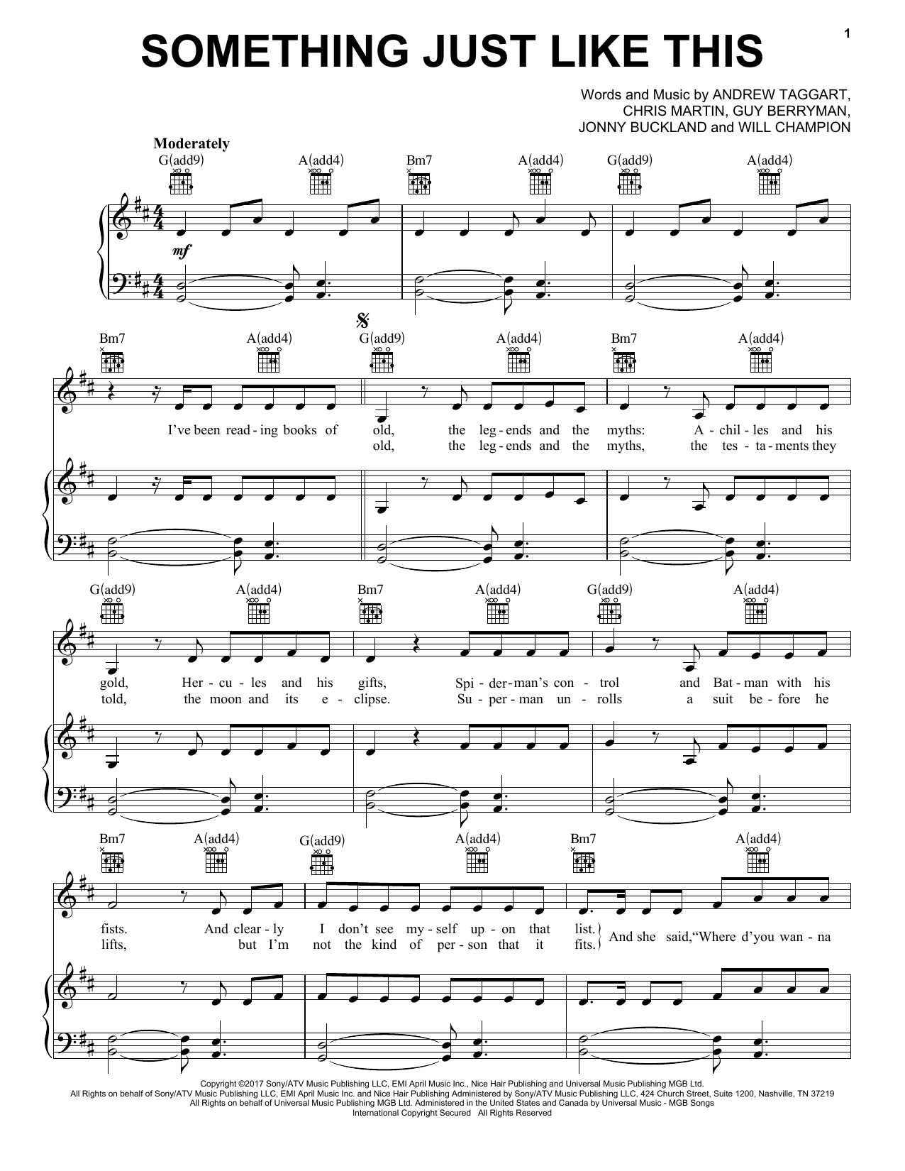The Chainsmokers & Coldplay Something Just Like This sheet music notes and chords arranged for Big Note Piano