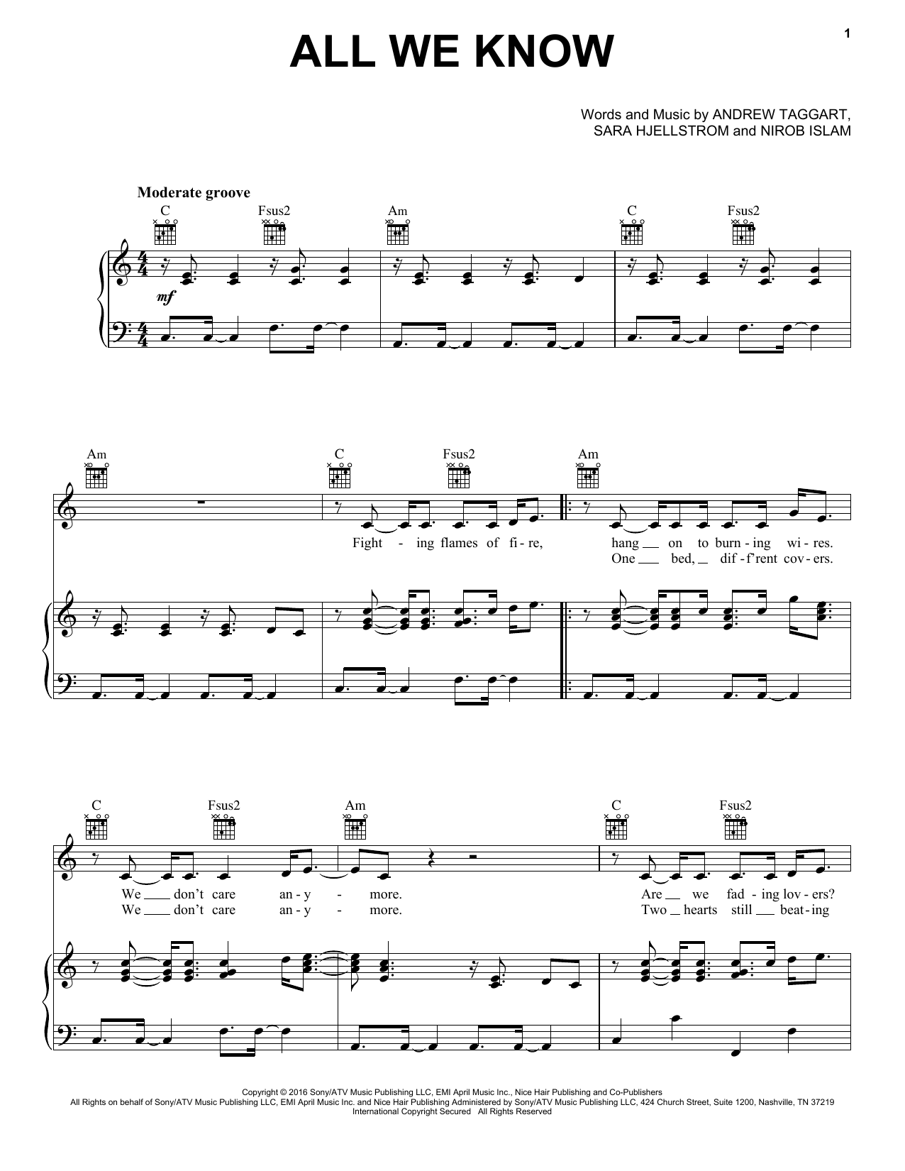 The Chainsmokers All We Know sheet music notes and chords arranged for Piano, Vocal & Guitar Chords (Right-Hand Melody)