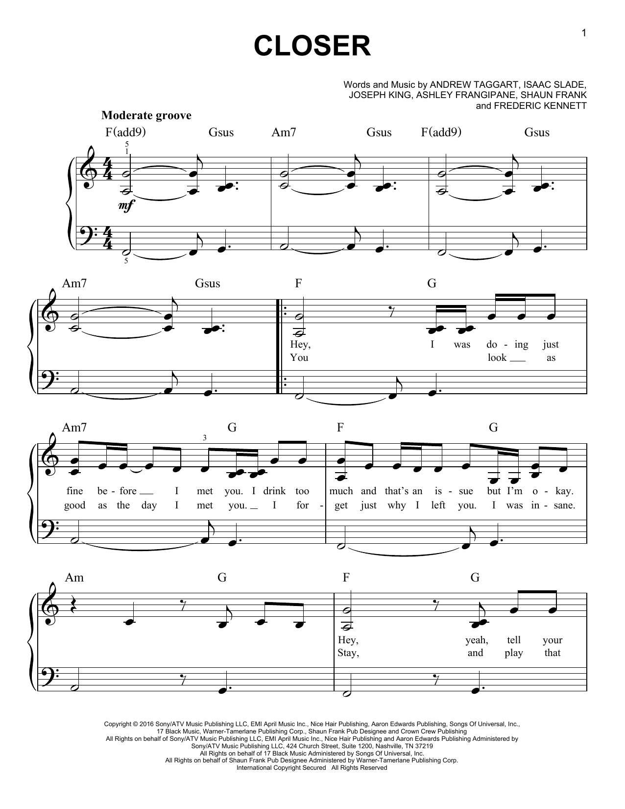 The Chainsmokers Closer (feat. Halsey) sheet music notes and chords arranged for Beginner Piano