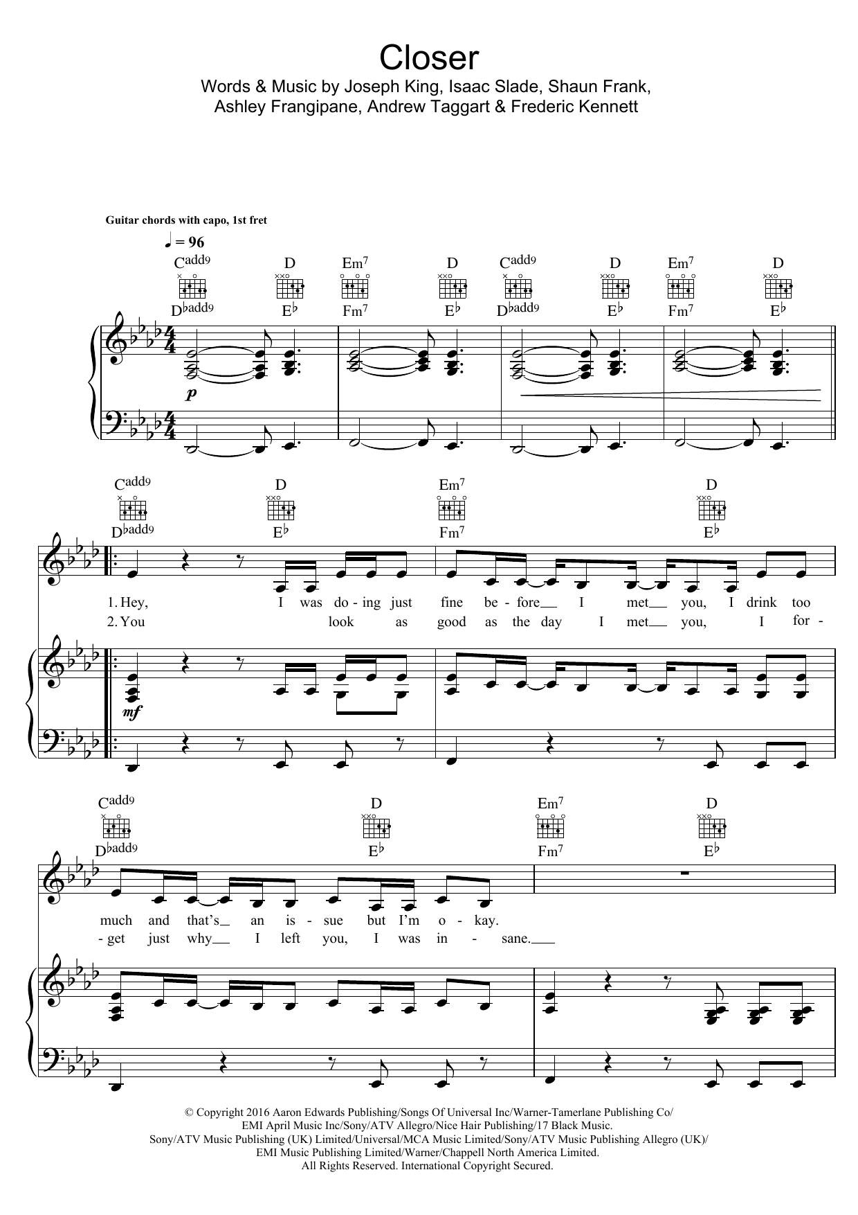 The Chainsmokers Closer (featuring Halsey) sheet music notes and chords arranged for Piano, Vocal & Guitar Chords