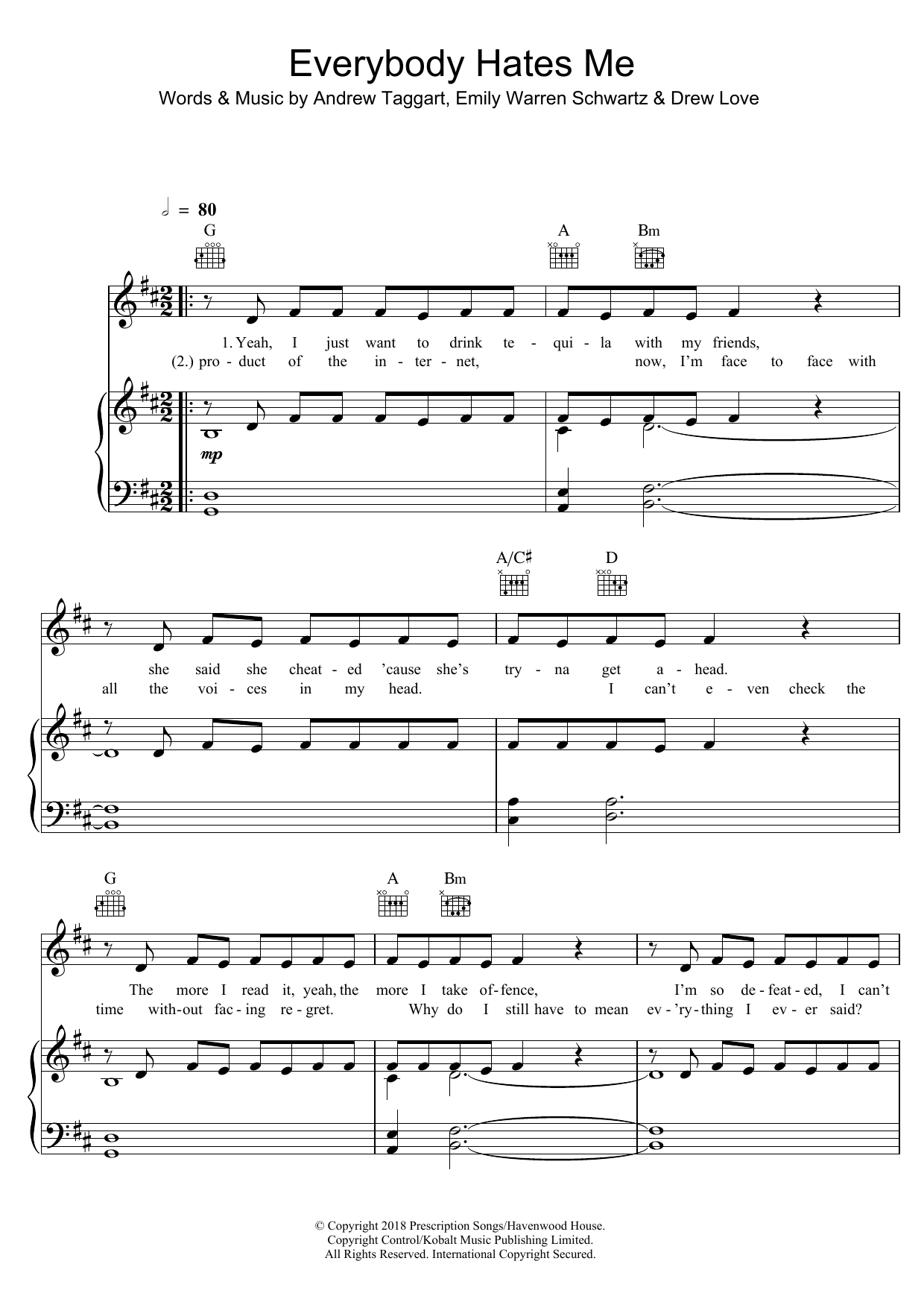 The Chainsmokers Everybody Hates Me sheet music notes and chords arranged for Piano, Vocal & Guitar Chords