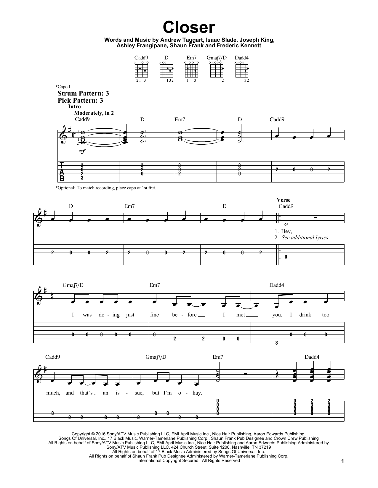 The Chainsmokers feat. Halsey Closer sheet music notes and chords arranged for Easy Guitar Tab