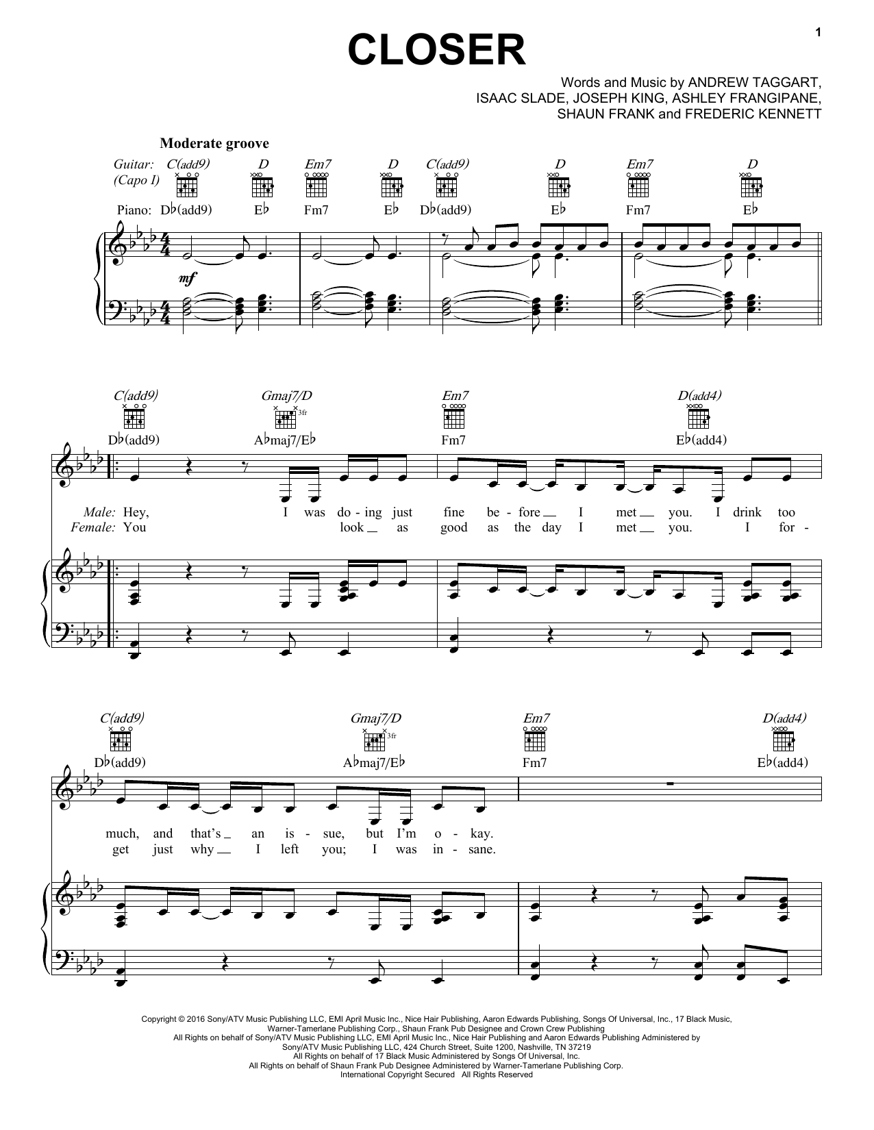 The Chainsmokers featuring Halsey Closer sheet music notes and chords arranged for Piano, Vocal & Guitar Chords (Right-Hand Melody)