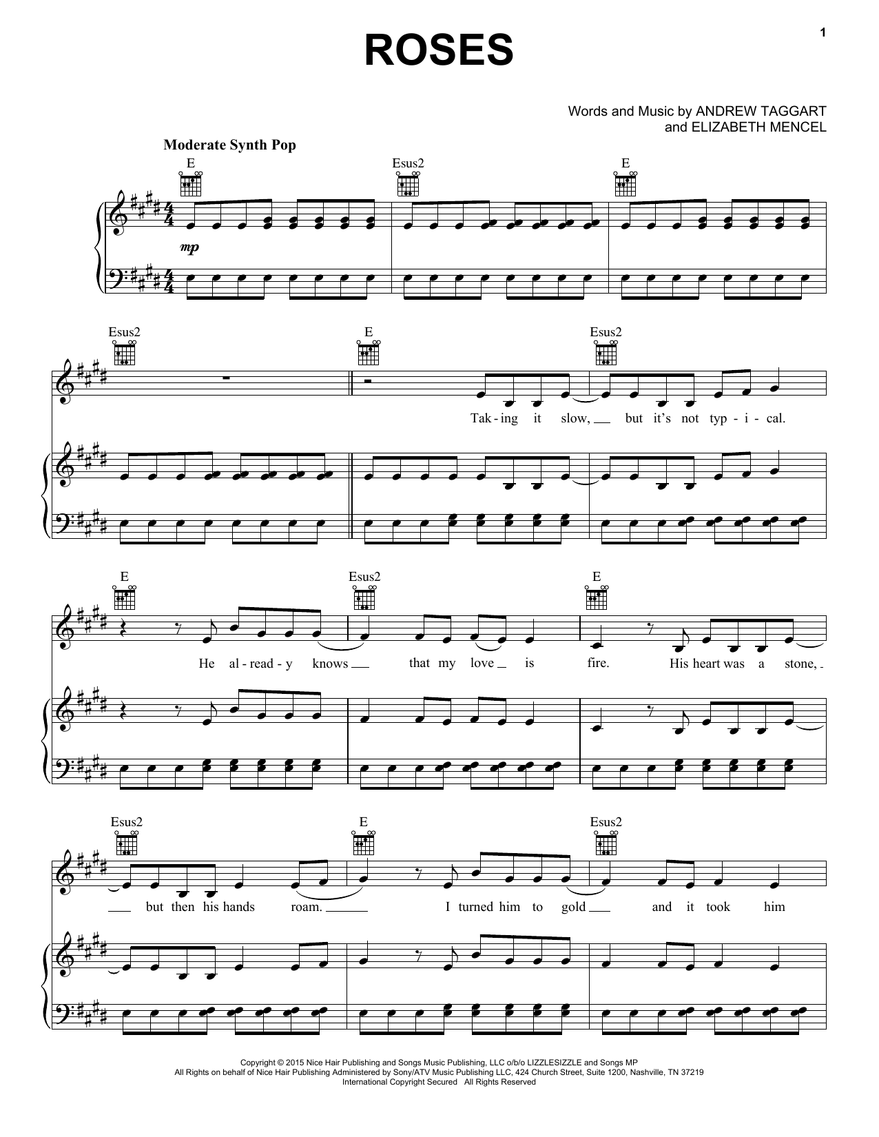 The Chainsmokers featuring ROZES Roses sheet music notes and chords arranged for Piano, Vocal & Guitar Chords (Right-Hand Melody)