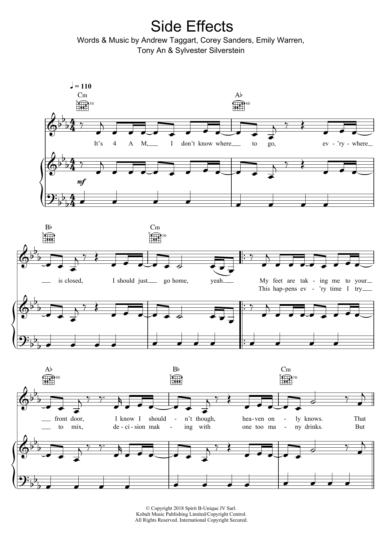 The Chainsmokers Side Effects (featuring Emily Warren) sheet music notes and chords arranged for Piano, Vocal & Guitar Chords (Right-Hand Melody)