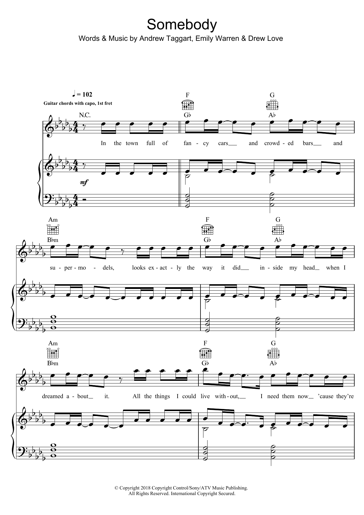 The Chainsmokers Somebody sheet music notes and chords arranged for Piano, Vocal & Guitar Chords