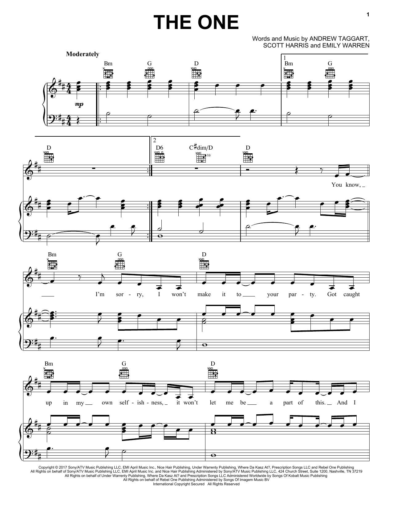 The Chainsmokers The One sheet music notes and chords arranged for Piano, Vocal & Guitar Chords (Right-Hand Melody)