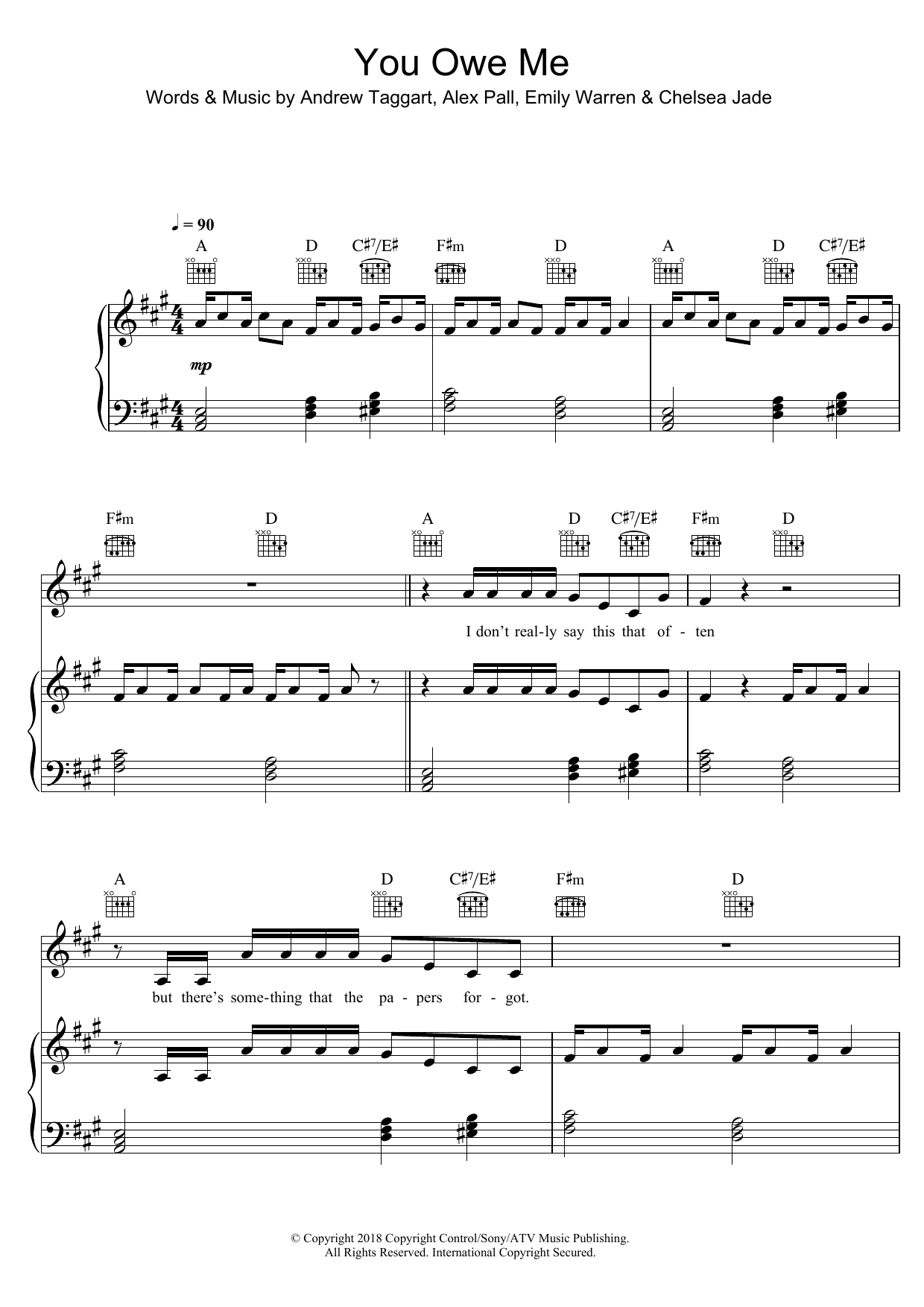 The Chainsmokers You Owe Me sheet music notes and chords arranged for Piano, Vocal & Guitar Chords